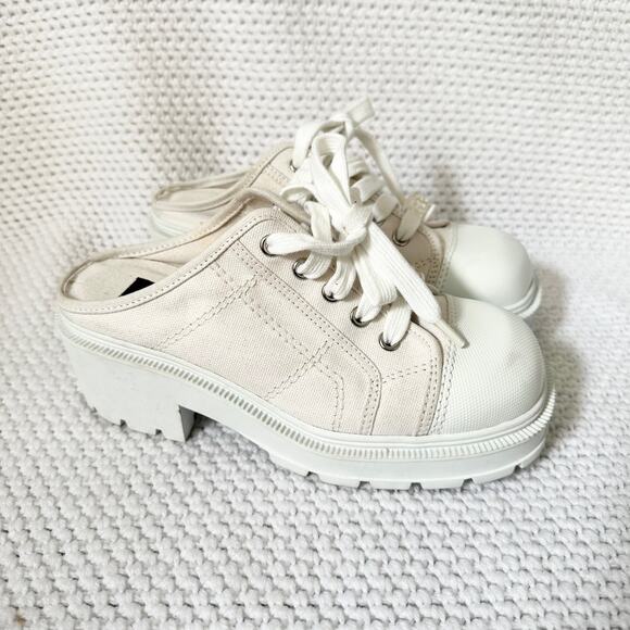 Mudd Y2K White Canvas Lug Sole Platform Square Toe Mule Slip On Lace Up Shoes 7 - Picture 2 of 9